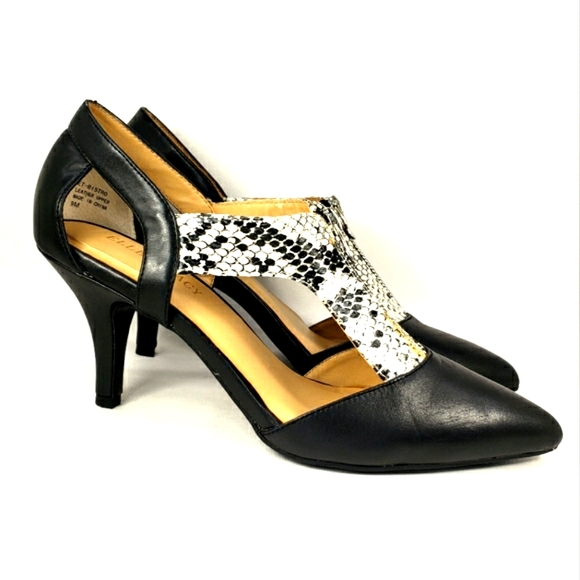 Ellen Tracy NEW! Bistro Black & White Leather, Snake Print, Pointy Toe Heels 9M - Picture 1 of 9